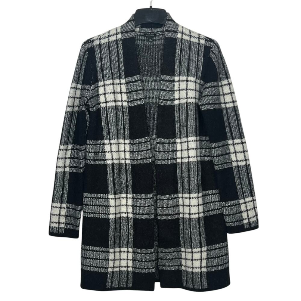 Talbots Women's Size XS Open Front Cardigan Sweater Long Sleeve B/W Plaid Cozy